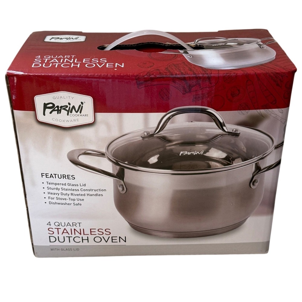 NEW Parini Cookware 4 Quart Stainless Steel Dutch Oven with Tempered Glass‎ Lid